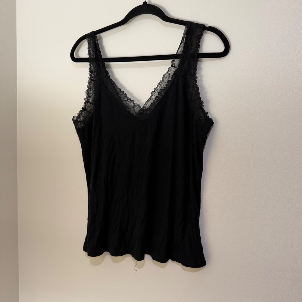Soma Black Lace Trim Cami Tank Top Women's L V-Neck Ribbed Knit Sleepwear